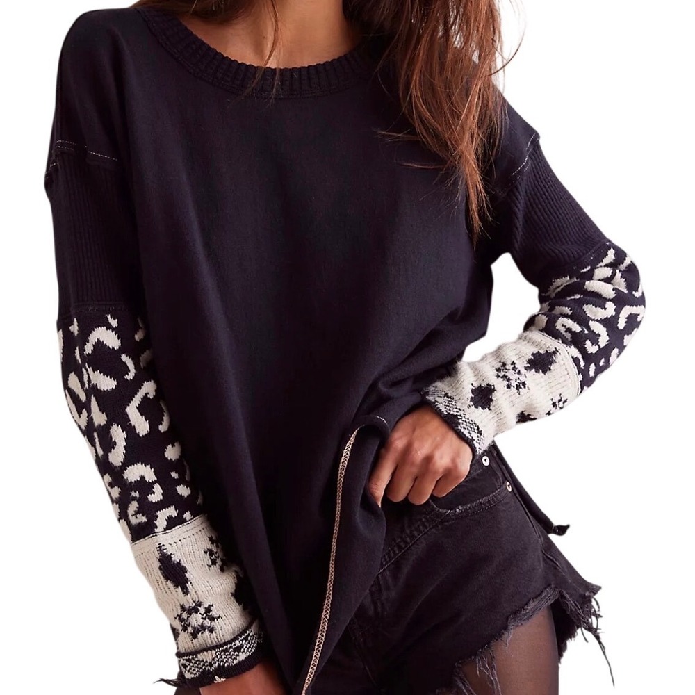 Free People Black Sweater with Black and White Patterned Sleeves